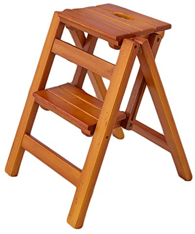 CHEMYO Hölzerne Klapptrittleiter 2 Stufen Hocker Tragbarer Leiterstuhl rutschfest Kompakt Milti-fuction Sicherheit Haushalt Kleine Fußhocker Treppenstuhl (Color : A)