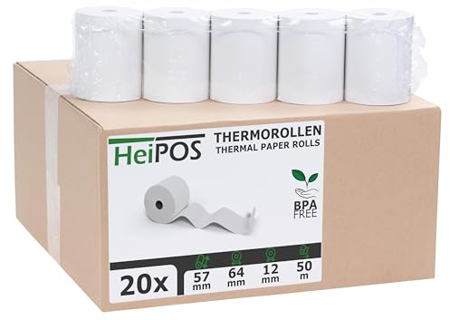 HeiGroup HeiPOS 20x Thermorollen 57mm x 50m x 12mm (Ø 64mm) - Kassenrollen für Casio, Sharp, Olympia & Registrierkassen - NICHT für EC-Kartenleser - BPA-frei
