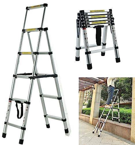 5+6 Steps Ladder, Telescoping Ladder Folding, Aluminum Lightweight Portable Collapsible Ladder, 330 LBS Capacity Multi-Use Ladders for Home&Kitchen (1.7+2m)