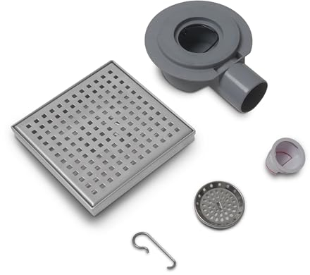 VANCOCO Scarico Doccia a Pavimento Quadrato 15×15 cm con Griglia in Acciaio Inossidabile, Sifone Orientabile 360°, Valvola Antiodori e Filtro Anticapelli