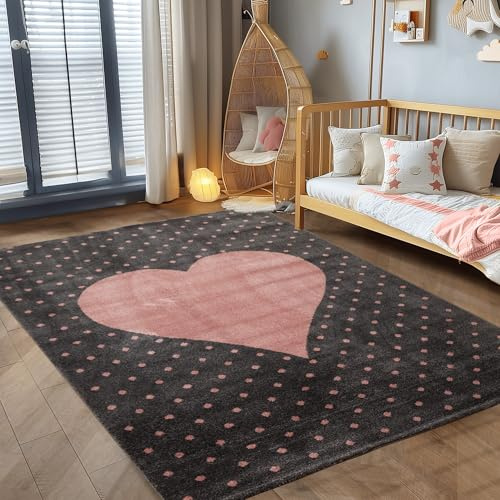 Kinderteppich Kinderzimmer Herz Design Kinder Teppich Babyzimmer Weicher Flor, Farbe: Pink, Größe: 140 x 200 cm