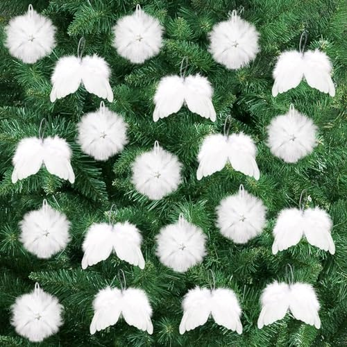 Lyneun 20 Stück Hängende Weihnachtsschmuck Weiß,10 Stück Engelsflügel Weihnachtsbaum und 10 Stück Schneeflocke Dekorationen, Fantasie Engelsflügel Deko für Weihnachtsfeier Dekoration DIY Handwerk