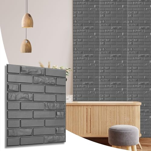 NOVECRAFTO Brick Effect 3D Wall Panels - Pack of 8 Interior Cladding Sheets Covering 21.53 sqft | 2 sqm | 3D Wall Tiles Urban Brick Design in Matt Silver Grey-Size 19.7X 19.7in / 50x50cm