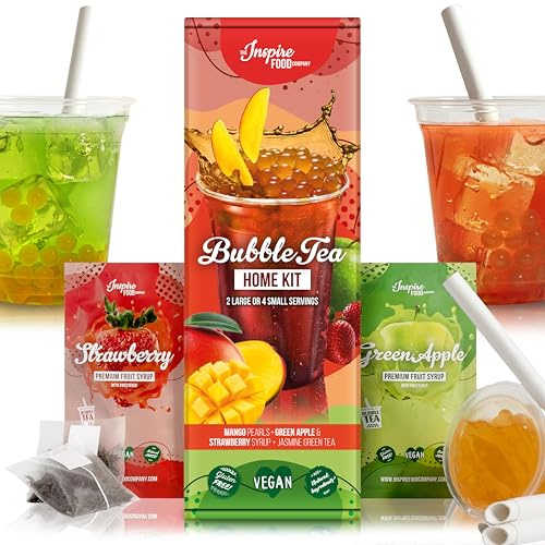 INSPIRE FOOD Kit Bubble Tea Complet | Mangue Boba & Fraise P. Verte Sirop | Kit Bubble Tea avec Perles Popping Boba et Sirop - 100% vegan et sans gluten, sans colorant artificiel