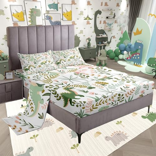 Castle Fairy Cute Dino Kids Bed Sheet Set for Boys Girls,Kawaii Pink Green Dinosaur Bed Sheet Set Full Size Bedding Set,Cartoon Wildlife Floral Leaves Plant Fitted Sheet and 1 Flat, 2 Pillow Sham
