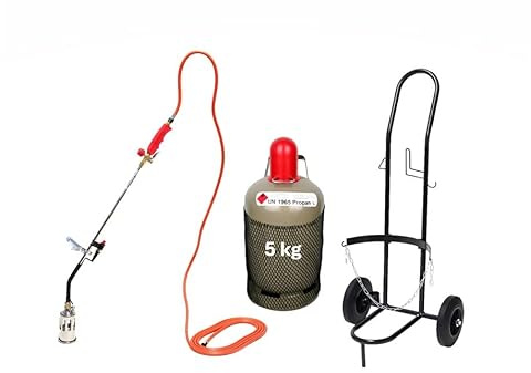 ROTHENBERGER Industrial Abflammgerät Anwärmbrenner Unkrautvernichter PREMIUM Piezo inkl. 5m Gasschlauch mit Transportwagen | Sackkarre und Propangasflasche 5 kg (leer)