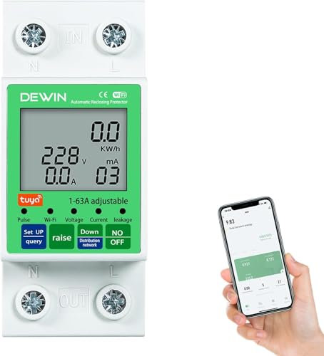 DEWIN Smart Meter, Wifi Smart Energy Meter Electric Meter Timer Switch Circuit Breaker with Over-Voltage and Under-Voltage Protection 2P 63A AC 80-300V