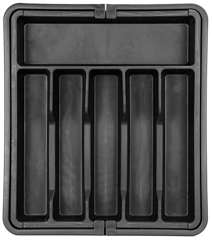 AMMEWORLD Expandable Cutlery Tray - Adjustable Cutlery Drawer Organiser for Forks, Spoons and Knives - Plastic Utensils Divider with 8 Compartments - Compact Kitchen Drawer Organiser (Black)
