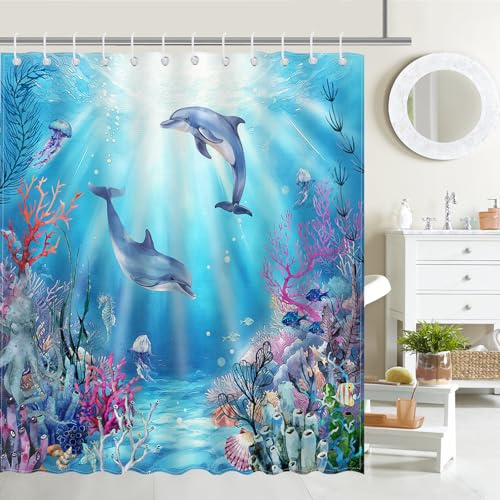 Avezano Blue Ocean Dolphin Shower Curtain - 72x72 Inch, Waterproof Fabric, 12 Hooks