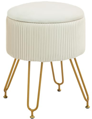 HOMCOM Sitzhocker mit Stauraum 2-in-1 mit Deckel Ø40 x 48 cm Cremeweiß | Runder Hocker, Fußhocker, Beistelltisch, Polsterhocker mit Samtoptik, Stahlbeine
