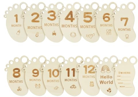 HAGOT 14 Pcs Tarjetas de Hitos Mensuales para Bebés, Mensuales de Madera para Bebés, Tarjetas Bonitas Cumple mes Bebe, Regalo Perpercto Recién Nacido