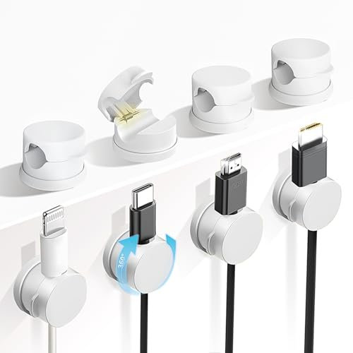 Abnii 360° Rotatable Cable Clips Holder, 8 Pack Spring Cord Organiser, Desk Wire Tidy Management, Adhesive Phone Charging Cord Holder for Nightstand, Car, Wall, Office, Kitchen, White