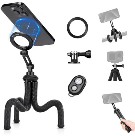 K&F Concept Trépied pour Téléphone Magnétique, Mini Trépied Flexible Smartphone Portable, Gorillapod avec Télécommande Bluetooth, Trépied Smartphone pour iPhone Android, Trépied Octopus