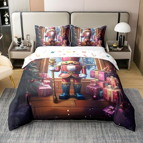 Loussiesd Kids Christmas Nutcracker 100% Cotton Duvet Cover Xmas Christmas Bedding Set Double Christmas DecorVintage Nutcracker Comforter Cover Christmas Bedspread Cover No Comforter