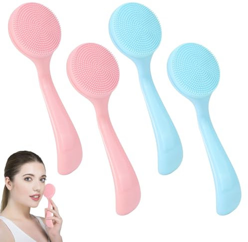 Silicone Face Scrubber 4pcs Face Brush Cleansing Facial Cleansing Brush with PP Handle Faces Scrub Brush for Cleaning and Exfoliating(Blue and Pink)