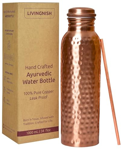 LIVINGNISH 100% Pure Copper Water Bottle for Drinking – Extra Large 34 Oz Wide Mouth, Hammered Ayurvedic Copper Water Bottle with Straw – Handcrafted Leak-Proof Vessel, Reusable & BPA-Free