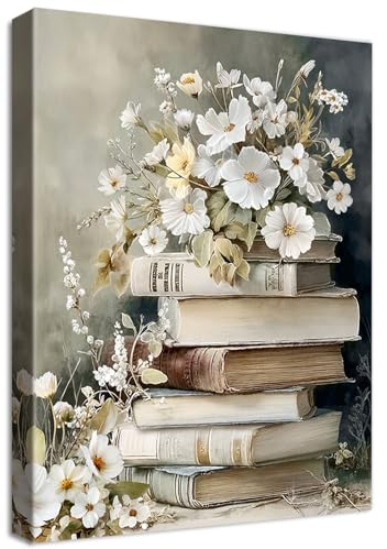 Libri di Fiori Vintage Quadri Moderni Quadro Moderno Bianco Floreale Stampa su Tela Con Cornice Estetica dark Academia Pittura Quadri su tela Quadretti da Parete Soggiorno Bar Negozio 40x60cm