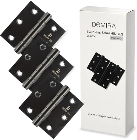 DOMIRA Black Ball Bearing Hinges, Heavy Duty Steel Door Hinges for Wooden Doors, Durable Matte Butt Hinges for Internal & External Use (Black, 3 (76mm) - Pack of 3)
