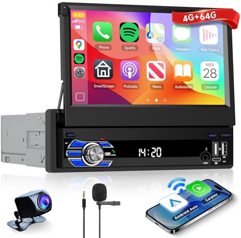 4G+64G sans Fil Carplay Android 15 Autoradio 1 Din avec sans Fil Android Auto Navi GPS WiFi 7 Pouces Écran Tactile Rétractable Autoradio avec Mirror Link Bluetooth FM/RDS/EQ/USB/SWC Caméra de Recul