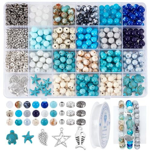 PH PandaHall 950 Stück Ocean Schmuckherstellungsset Blau Ozeanperlen Bastelset 8mm Glasperlen Schildkröten Perlen Mit Meerjungfrau Seestern Charms Für Sommer Surfer Armbänder Boho Schmuckherstellung