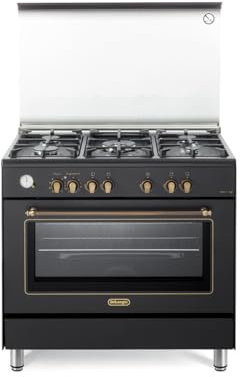 De'Longhi PEMA 965 CSG Cucina A Gas, 90 Cm, Forno Elettrico Multifunzione, 5 Bruciatori, 1 Doppia Corona, Coperchio In Vetro, Linea Country, Colore Nero, Classe Energetica A