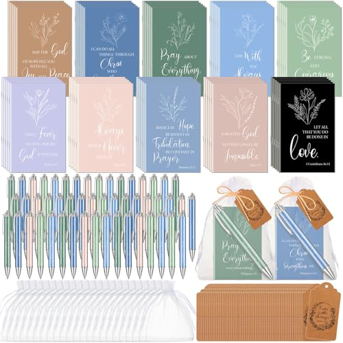 Qeeenar 200 Pcs Christian Gifts Bulk Sets Bible Verse Religious Ballpoint Pen and Notebook Gift Set with Thanks Tags Organza Bag Gift Bulk for Women Church Christian Party Favors(Morandi Color,Plant)