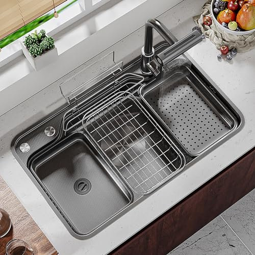 Genérico Fregadero Cocina Multifuncional de Acero Inoxidable con Escurridor, Fregadero Bajo y sobre Encimera, Incluido Grifo Extraíble en Cascada
