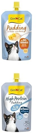 Bundle aus GimCat Pudding mit Käse - Cremiger Snack für zwischendurch mit Kalzium - Made in Germany + GimCat High Protein Pudding - Köstlicher proteinreicher Snack für zwischendurch (2 x 100 g)