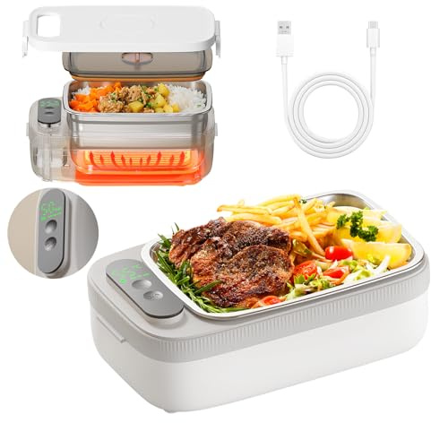 Electric Lunch Box, 14000mAh Battery Powered,7 Timer 4 Temperature Settings | Cordless Heated Lunch Box,Removable 1L 304 SS Inner Protable Self-Heating Food Warmer for Car,Office,Travel,Picnic & outdoor