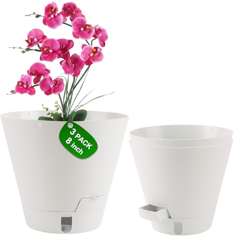 Pottiffe Self-Watering Pots For Indoor Plants, 20cm Flower Pots For Indoor Plants, 3 Packs Plastic Planters With Drainage Holes & Saucers, Planting Pots Outdoor