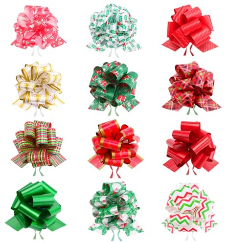 G2PLUS 12PCS Fiocchi per Pacchi Regalo: Coccarde Fiocco Autotiranti Grandi Fiocchi Decorativi per i Regali di Natale,Natale Matrimonio Partito Decorazioni Auto