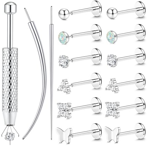 Chriscoco 6 par 16G/18G/20G helix piercingar kirurgiskt stål piercing öra läpppiercing näspiercing labret tragus piercing silver guld öronpiercing medusa conch piercingar set för kvinnor, Ingen