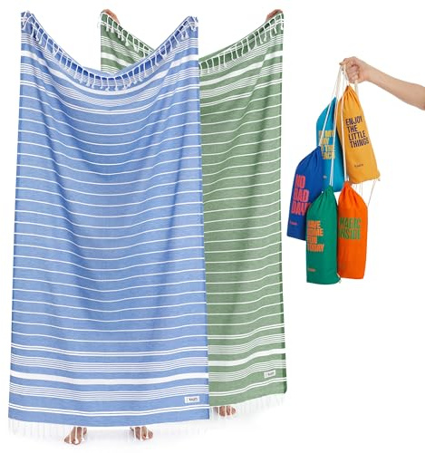 Luum Hamamtuch Strandtuch Saunahandtuch Strandhandtuch Saunatuch Badetuch Reisehandtuch, Campinghandtuch, 2er Set, Damen Herren, Sky Blue/Dark Green (Besser als EIN Mikrofaser Handtuch)