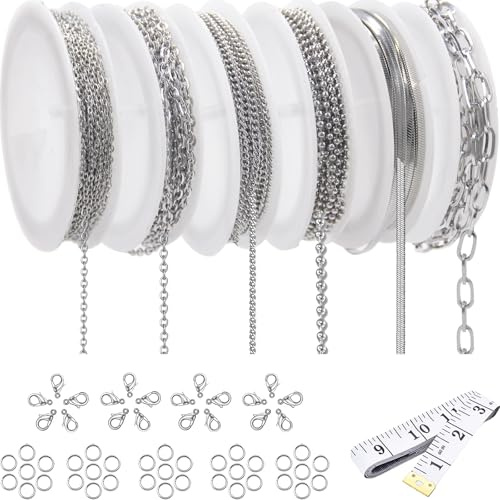 Necklace Chain for Jewelry Making, 42.6 Feet 6 Roll Stainless Steel Silver Jewelry Link Chains for DIY Necklace Bracelets Keychain Craft Jewelry Making Supplies with Jump Rings Lobster Clasp Connector