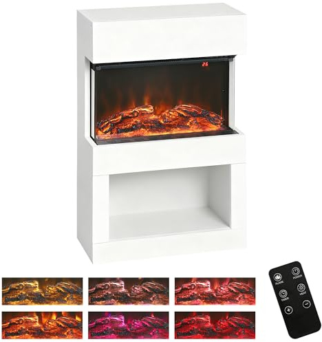 HOMCOM Camino elettrico con riscaldamento, camino elettrico con effetto fiamma LED, 6 colori fiamma 1000/2000 W, camino decorativo con timer, termostato regolabile, stufa con telecomando, bianco