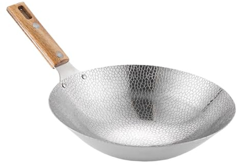 DIYEAH Wok de Acero Inoxidable Resistente para Cocina Profesional con Mango de Madera Antiescaldante Sartén Profunda para Freír y Saltear Carne y Verduras Restaurante