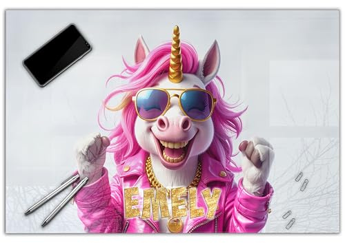 Schreibtischunterlage personalisiert mit Namen | 60 x 40 cm Einhorn | wasserfeste Schreibunterlage, abwischbar, glatt | stabiles, hochwertiges Acrylglas, Kinder Kunststoff lustig Motiv Tiere