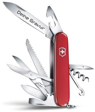 Taschenmesser HUNTSMAN mit Wunsch Gravur auf der Klinge I Geschenk für Männer Frauen I zum Geburtstag I Schweizer Taschenmesser personalisiert mit 15 Funktionen 1.3713 (rot)