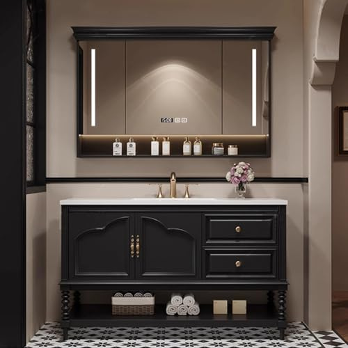 Juego de tocador de baño con lavabo, armario doble y espejo, elegantes cajones de almacenamiento, unidad moderna para decoración del hogar