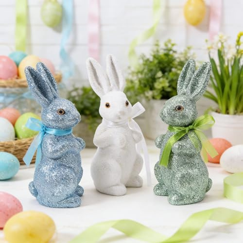 Osterdeko Osterhase Deko Figuren, Ostern Deko Osterhasen Figuren 22CM, Glitzernde Hase Dekor Ostern, Osterdeko Tisch Osterhase Figur Schaumstoff, Frühlingsdeko Hasen Osterdekoration Modern Innen (Set)