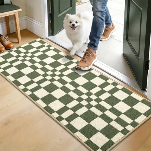 Biscpro Schachbrettmuster Fußmatte,rutschfeste Innen 50x120cm,Grün,waschbar | Maschinenwaschbare Fussmatte,Wasserabsorbierende Sauberlaufmatte,Schmutzfangmatte geeignet für Eingang,Flur, Küche,Haustür