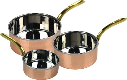 Copper Sauce Pan Set 3 Pieces Stainless Steel with Hammered Copper Brass Handle for Cooking & Serving (3X 300ml, 530ml, 850ml Capacity)