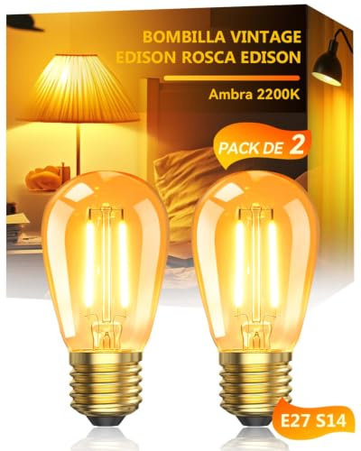 Luxvista 2W E27 LED Glühbirne Vintage, S14 Edison Birne Retro, 2200K Ultra Warmweiß (Bernstein Glas), Gold Sockel, Ersetzt 20W Glühlampe, 155 Lumen, Nicht dimmbar, 230V, 2 Stück
