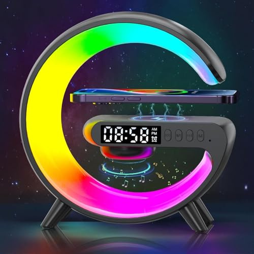 Voncerus Wireless Speaker, G Shape Table Lamp,Atmosphere Night Light with Wireless Charging Function, Bedside Lamp with Alarm Clock & Charging Function,Gifts