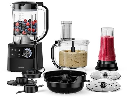 Klarstein Velaire köksmaskin med mixer – 1200 W multifunktions-köksmaskin, 2-liters skål, 1,75-liters mixer, 6 program och hastigheter, juicepress och köttkvarn-tillbehör
