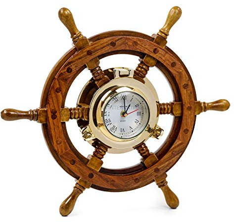 Nagina International Nautical Porthole Clock Ship Wheel | Roman Numerals (16 Inches)
