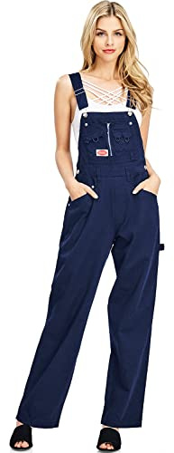 Revolt Women's Juniors Baggy Straight Leg Twill Overalls (Navy, Medium)