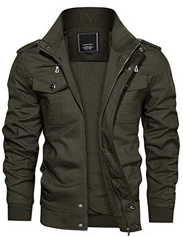 KEFITEVD Giacca da campo militare da uomo bomber Giacca casual in cotone di transizione Giacca a vento Escursionismo Giacca da tuta per esterno Inverno Verde 2XL