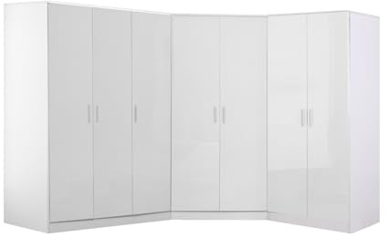 Reflect 3 Piece Bedroom Furniture Bundle - 2 Door CORNER + Triple + Double PLAIN Wardrobes (H: 180cm x W: 179cm x D: 215cm) (Whtie Gloss/Matt White)