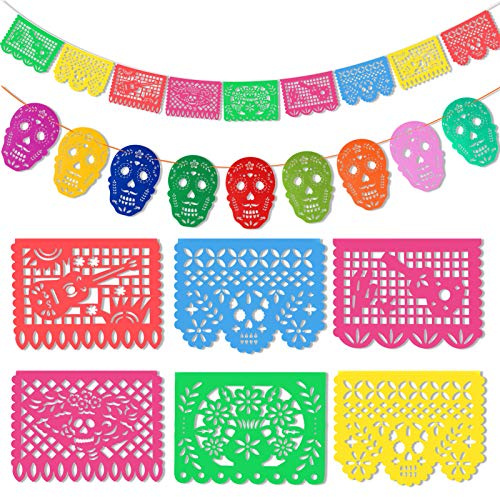 HOWAF décorations Jour des Morts Bannières, Fiesta Mexicaine Papel picado Jour des Morts Crâne Banderole Bannière Halloween Dia De Los Muertos Bannières pour Décorations Cinco De Mayo De Fête
